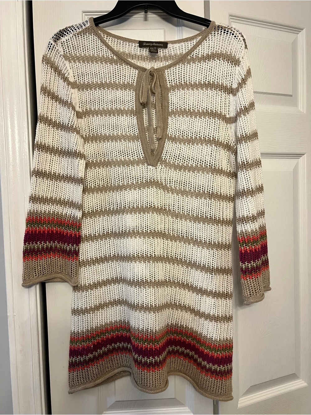 Cream and Tan Striped Knit coverup with Multicolor Hem